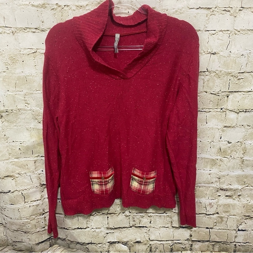 Hanna Andersson Sweater Red Speckeled Knit Plaid Trim Pullover